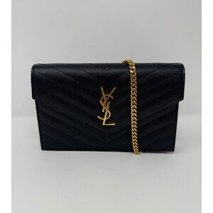 Saint Laurent YSL Cassandre Chevron Grain Leather Envelope Chain Wallet